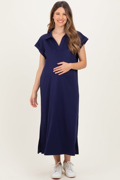 PinkBlush Navy Collared Oversized Maternity Midi Dress
