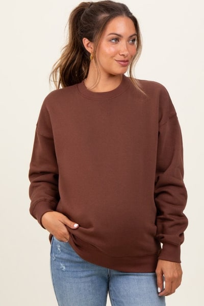 PinkBlush Brown Fleece Crew Neck Relaxed Fit Maternity Sweatshirt