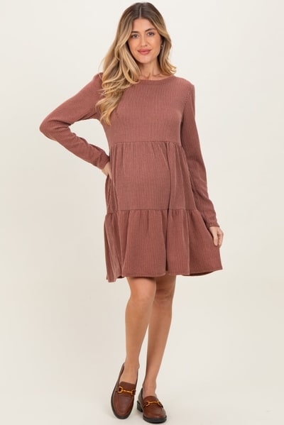 PinkBlush Rust Textured Rib Tiered Long Sleeve Maternity Dress