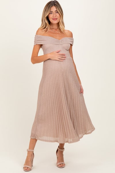 PinkBlush Beige Shimmer Off Shoulder Pleated Maternity Midi Dress