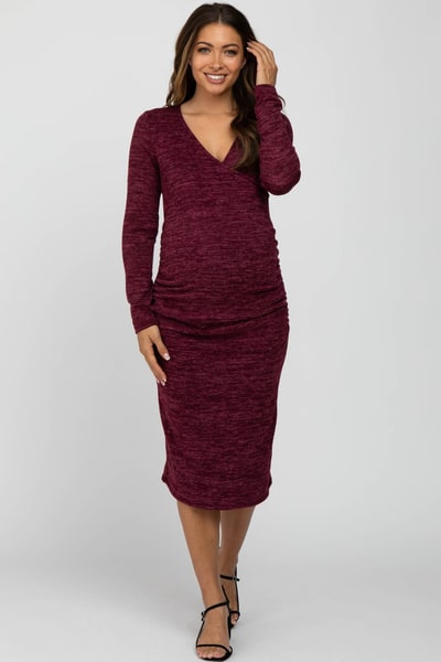 PinkBlush Burgundy Heather Wrap Fitted Maternity Dress