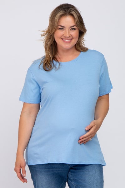 PinkBlush Light Blue Solid Short Sleeve Plus Maternity Top