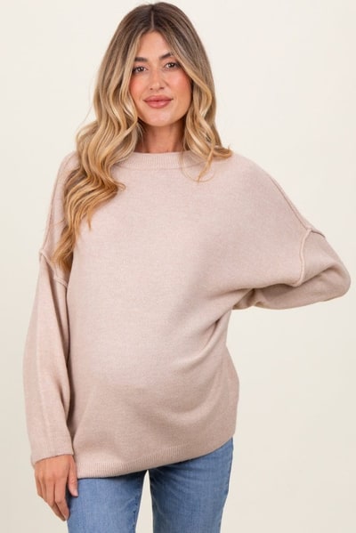 PinkBlush Beige Oversized Crewneck Melange Knit Maternity Sweater