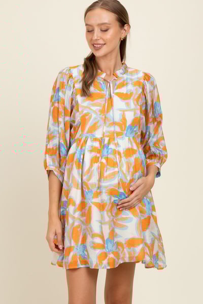 PinkBlush Orange Abstract Floral Front Tie 3/4 Sleeve Maternity Dress