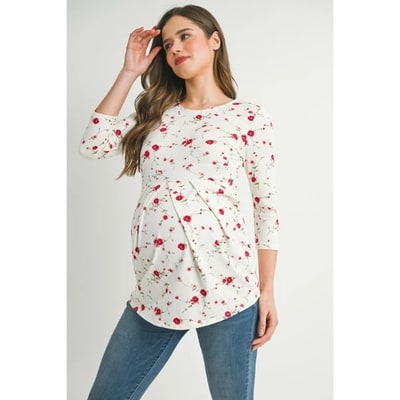 Target Hello Miz Women's Round Neck 3/4 Sleeve Front Pleat Maternity Top - Ivory Red Floral - Small