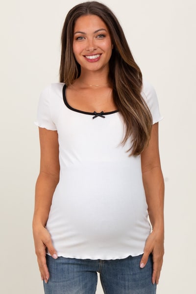 PinkBlush White Ribbed Short Sleeve Maternity Top