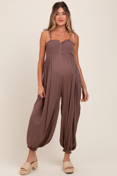 PinkBlush Mocha Smocked Button Front Shoulder Tie Maternity Jumpsuit