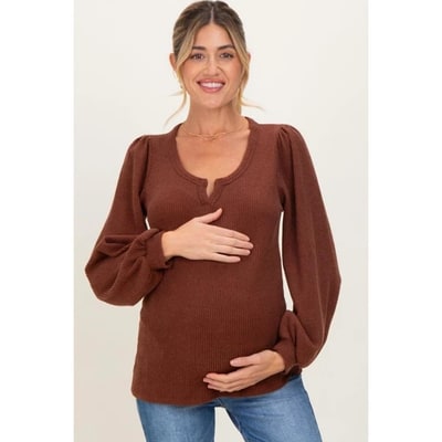 Target Pinkblush Brown Solid Ribbed Long Sleeve V-Neck Maternity Tunic Top Large