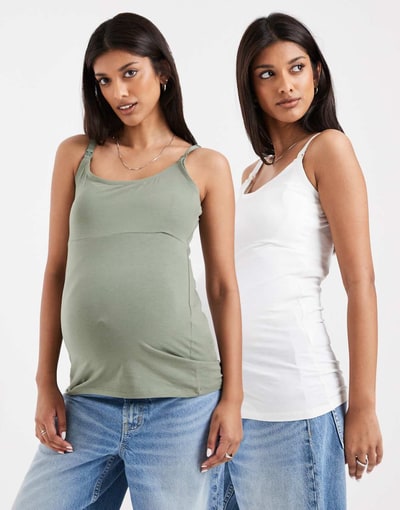 ASOS Mamalicious Maternity 2-pack 2-function nursing tank tops in khaki and white