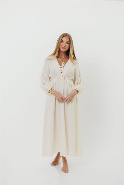 Worth Collective Hunter 100% Cotton Gauze Midi Dress in Soy - Bump Friendly