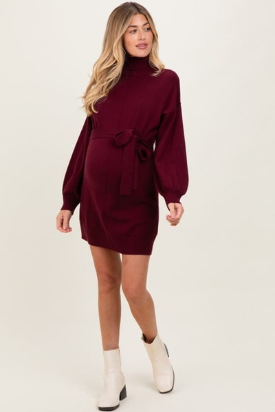PinkBlush Burgundy Turtleneck Belted Mini Sweater Maternity Dress