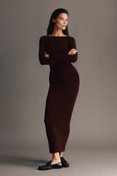 MESHKI Cleona Merino Wool Ribbed Long Sleeve Maxi Dress - Deep Chocolate