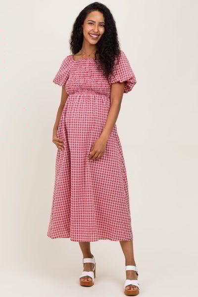 PinkBlush Red Textured Plaid Pen Back Maternity Midi Dress