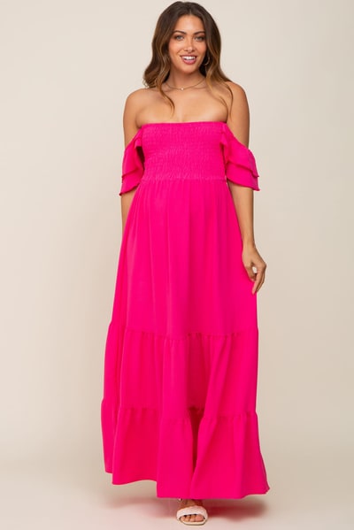 PinkBlush Fuchsia Smocked Ruffle Off Shoulder Tiered Maternity Maxi Dress
