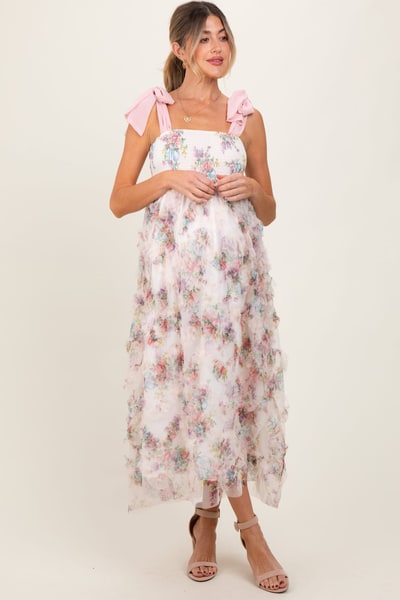 PinkBlush Cream Floral Smocked Shoulder Tie Ruffled Maternity Midi Dress