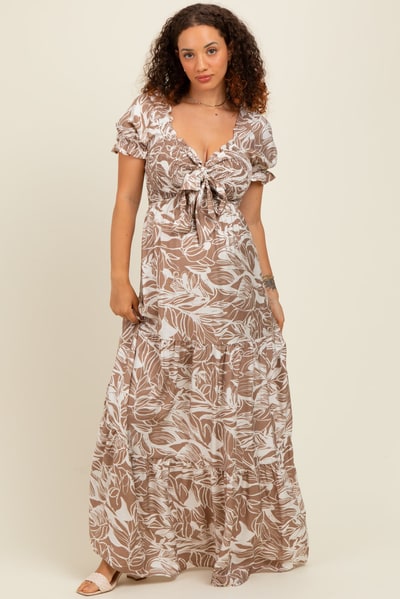 PinkBlush Taupe Tropical Print Smocked Front Tie Maternity Maxi Dress