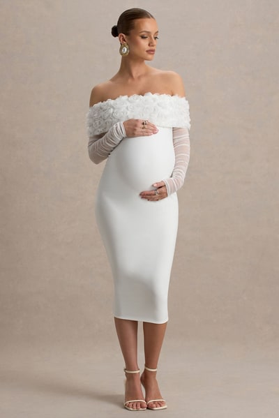 Club L London Adita | White Mesh Floral Bardot Maternity Midi Dress
