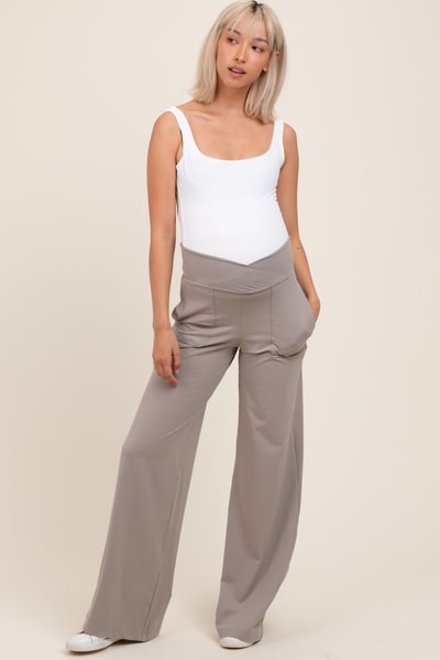 PinkBlush Light Taupe Crossover Waist Active Wide Leg Maternity Pant