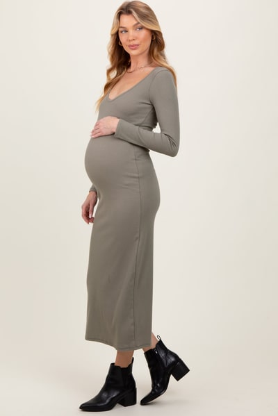 PinkBlush Olive Scoop Neck Long Sleeve Maternity Midi Dress