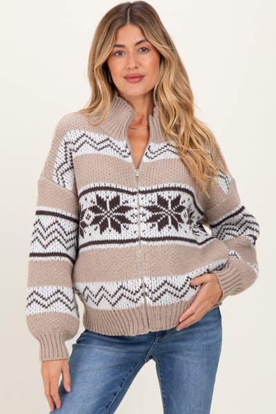 PinkBlush Brown Fair Isle Print Zip Up Maternity Sweater Jacket