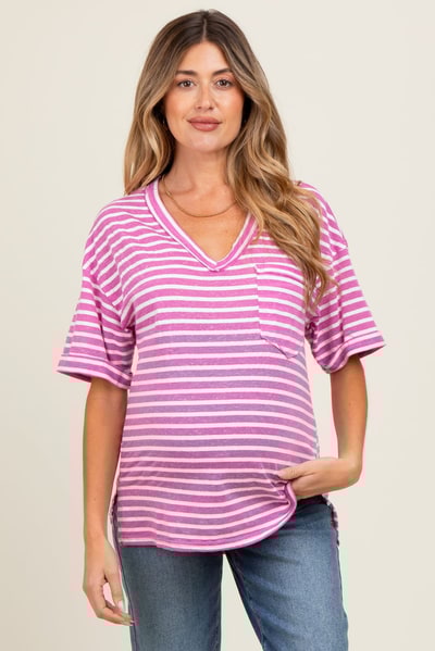 PinkBlush Mauve Striped Oversized V-Neck Front Pocket Maternity T-Shirt