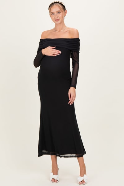 PinkBlush Black Mesh Off Shoulder Long Sleeve Maternity Maxi Dress