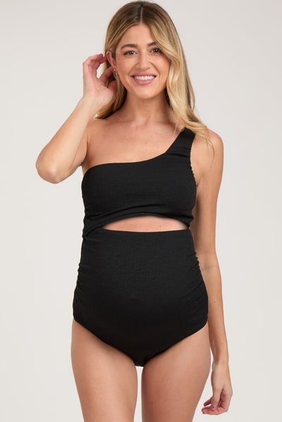 PinkBlush Black Asymmetrical One Shoulder Side Cutout One-Piece Maternity Swimsuit