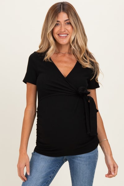 PinkBlush Black Wrap Front Tie Maternity/Nursing Top
