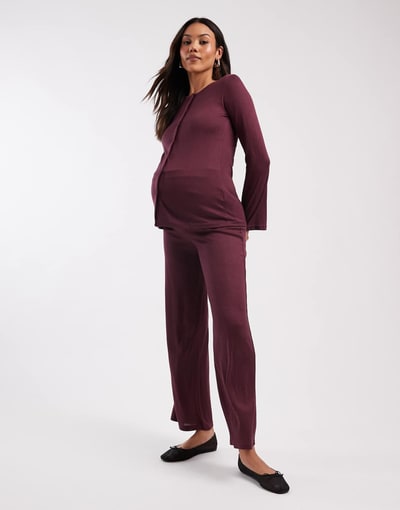 ASOS Mamalicious Maternity soft straight leg jersey pants in burgundy - part of a set