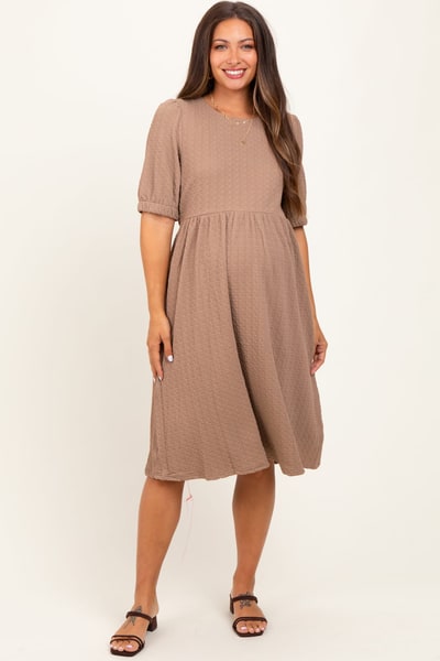 PinkBlush Taupe Textured Knit Puff Sleeve Maternity Midi Dress