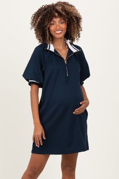 PinkBlush Navy Half Zip Puff Sleeve Maternity Mini Dress