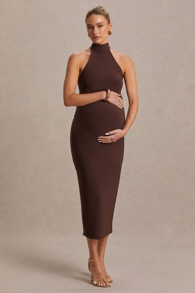 Club L London Mireille | Brown Halter-Neck Maternity Midi Dress