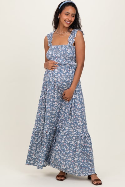 PinkBlush Blue Floral Smocked Ruffle Accent Maternity Maxi Dress