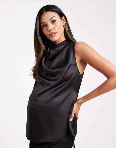 ASOS sleeveless cowl top with tie detail in satin in black