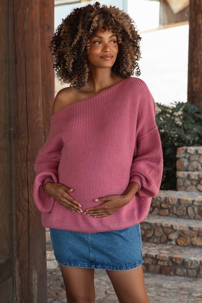 PinkBlush Mauve Balloon Sleeve Boat Neck Knit Maternity Sweater