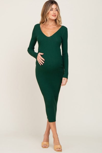 PinkBlush Forest Green V-Neck Long Sleeve Fitted Maternity Maxi Dress