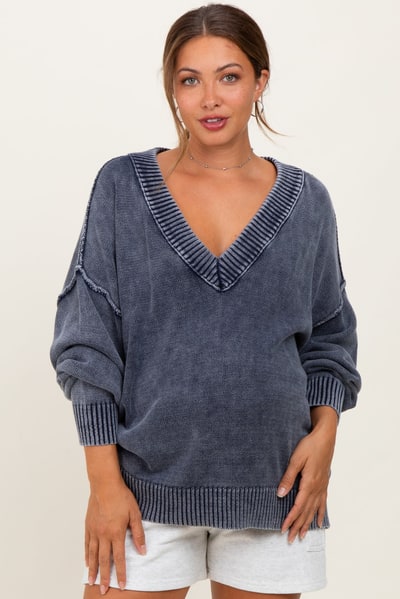 PinkBlush Navy Vintage Wash Oversized V-Neck Maternity Sweater