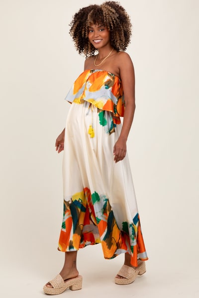 PinkBlush Orange Abstrast Print Strapless Flounce Maternity Maxi Dress