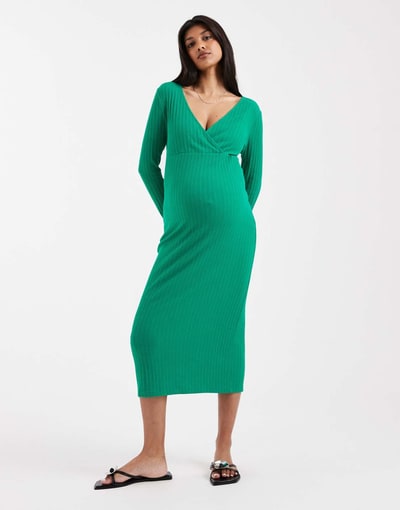 ASOS Mamalicious Maternity wrap long sleeve ribbed nursing midi dress in green
