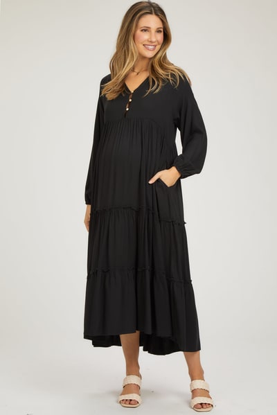 PinkBlush Black Button Front V-Neck Ruffle Tiered Maternity Midi Dress