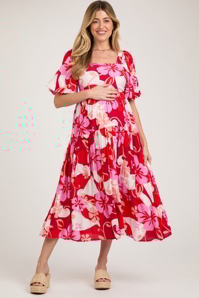 PinkBlush Red Floral Tiered Puff Sleeve Maternity Midi Dress