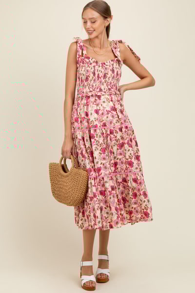 PinkBlush Pink Floral Smocked Ruffled Lace Trim Maternity Midi Dress