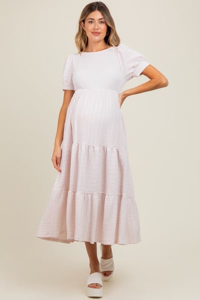 PinkBlush Light Pink Solid Textured Tiered Shirt Sleeve Maternity Maxi Dress
