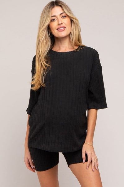 PinkBlush Black Ribbed Soft Short Sleeve Maternity Shorts Set