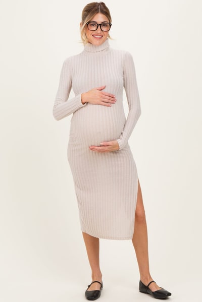 PinkBlush Beige Ribbed Knit Turtleneck Side Slit Maternity Dress