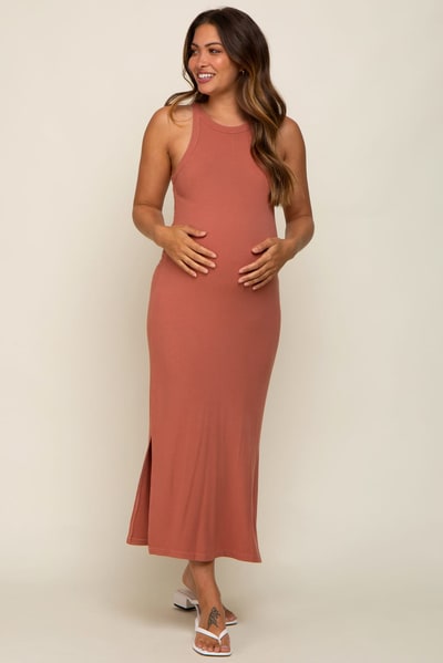 PinkBlush Rust Sleeveless Ribbed Side Slit Maternity Maxi Dress