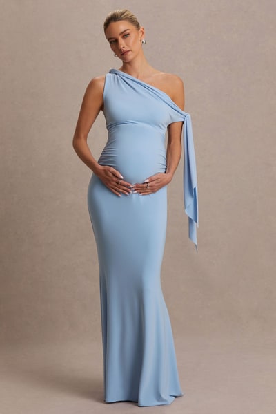 Club L London Orielle | Powder Blue Asymmetric-Neck Maternity Maxi Dress With Knot-Sleeve And Sash