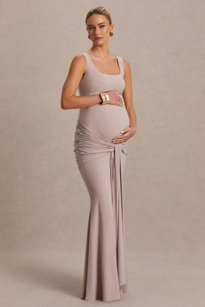 Club L London Baylin | Nude Square-Neck Maternity Maxi Dress With Ruched Detailing And Sash