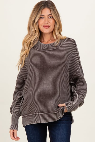 PinkBlush Brown Washed Side Slit Oversized Maternity Sweater