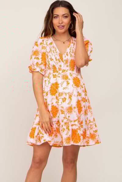 PinkBlush Orange Floral Smocked Puff Sleeve Maternity Dress